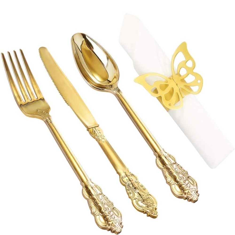 Nervure Disposable Gold Plastic Cutlery for Party set of 50